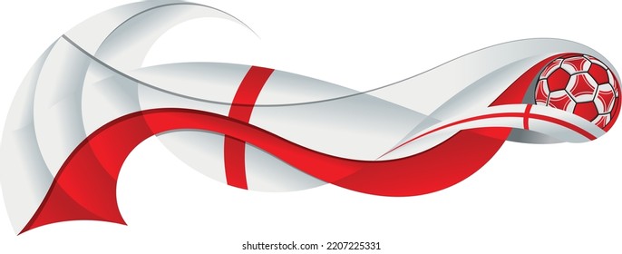 Balón de fútbol blanco y rojo dejando un rastro abstracto en forma de ondulación con los colores de la bandera de Inglaterra sobre un fondo blanco. Imagen del vector