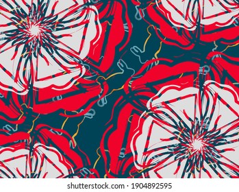 White and red spring floral patterns on the blue background