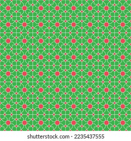 White and red square and diagonal line pattern on green background. Linked diagonal line on square and octagon shape. White and red lattice pattern on green background. Abstract maze backdrop.