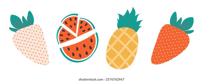 White and Red Strawberry, watermelon slices and pineapple. Summer seasonal fruits design element Set