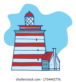 White and red striped lighthouse with small building. Hand drawn colorful vector sketch illustration