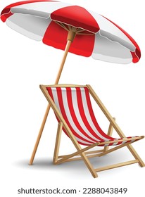White and red striped sun lounger and beach umbrella on a white background. Highly realistic illustration.