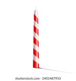 White and red striped wax candle isolated on white background. Festive decoration for birthday cake, New Year, Christmas, Holiday candle. celebration objects. Realistic 3d vector illustration