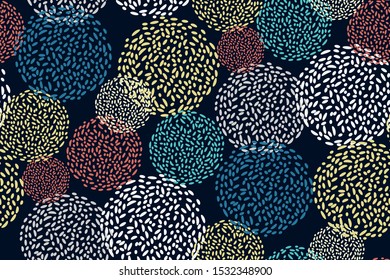 White, red, turquoise circles on dark blue background seamless pattern. Abstract geometric print, Wallpaper, template for fashion design. Vector illustration.