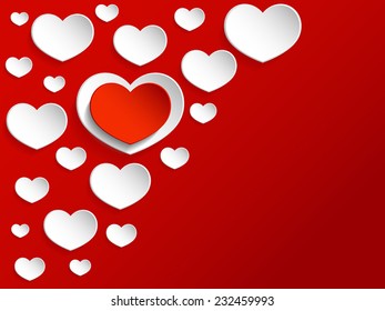 White and red Valentine's cards, red background with red and white hearts. Happy Valentine's day.