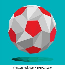 white and red vector soccer ball isolated on blue background. geometric triangular low poly style