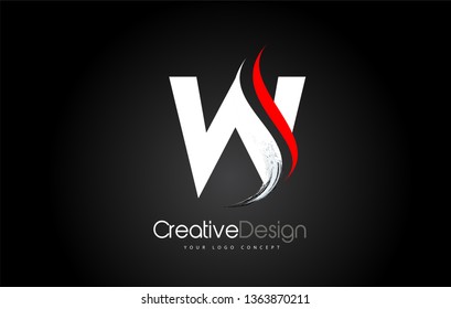 White and Red W Letter Design Brush Paint Stroke. Letter Logo on Black Background