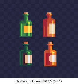 White and red wine bottle alcoholic beverages champagne pixel art icon isolated vector flat illustration. Label template. Design for stickers, logo alcohol shop, mobile app. 8-bit sprite.