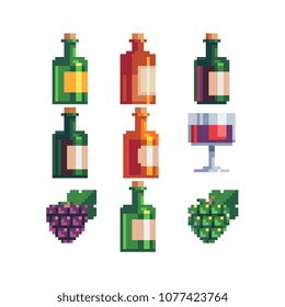 White and red wine bottle and glass pixel art icons, alcoholic beverages and grape isolated vector flat illustration. Design for stickers, logo shop, mobile app. Game assets 80s 8-bit sprite.