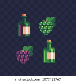 white and red wine bottle pixel art icons, alcoholic beverages and grape isolated vector flat illustration. Design for stickers, logo shop, mobile app. Game assets 80s 8-bit sprite.