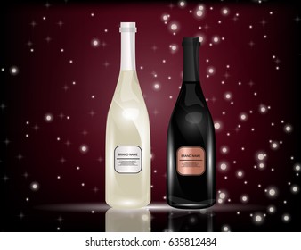 White and Red Wine Bottles on the Sparkling Background for Your Design. Vector Illustration