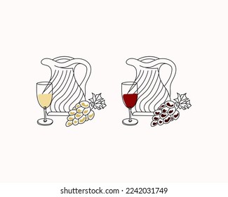 White and red wine in glass with jar and spring of grape