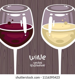 White and red wine glasses on wood background vector illustration. Wine bar logo template, design for wine tasting invitation and wine menu.