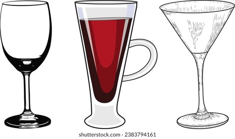 White and red wine glasses, Set of wine glasses hand drawn vector illustration, Types of wine glasses set, Sketch glass of red wine
