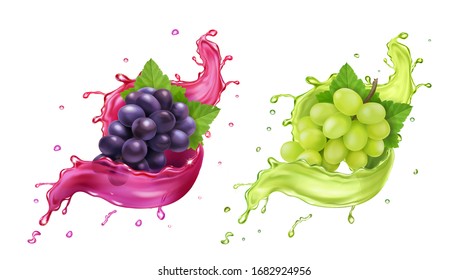White and red wine grapes in realistic juice splash. Vector icon set