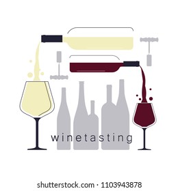 White and red wine. Pouring wine in a wine glass. Silhouettes of bottles. Illustration for a wine tasting. Vector background.