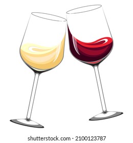 Vino blanco y rojo con gafas transparentes. Ilustración vectorial abstracta aislada.