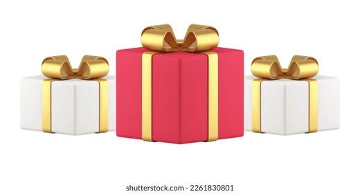 White red wrapped gift boxes tied by golden bow ribbon premium holiday congratulations decor element 3d icon realistic vector illustration. Three festive present surprise cardboard container design