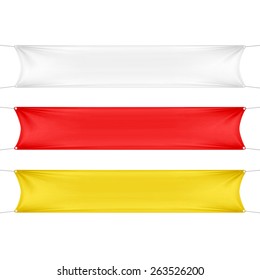 White, Red and Yellow Blank Empty Horizontal Rectangular Banners Set with Corners Ropes. Textile, Fabric or Nylon. Vector Illustration Isolated on Background. Ready Template for Your Text and Design