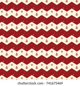White and red zigzag pattern with snowflake and pine tree icons, seamless Christmas illustration background, can be used for gift wrapping paper