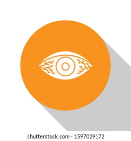 White Reddish eye due to viral, bacterial or allergic conjunctivitis icon isolated on white background. Orange circle button. Vector Illustration