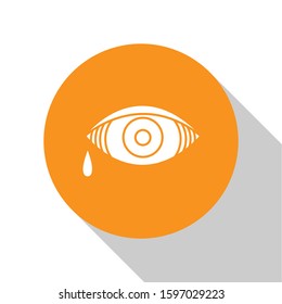 White Reddish eye due to viral, bacterial or allergic conjunctivitis icon isolated on white background. Orange circle button. Vector Illustration