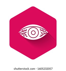 White Reddish eye due to viral, bacterial or allergic conjunctivitis icon isolated with long shadow. Pink hexagon button. Vector Illustration
