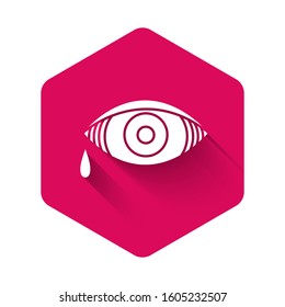 White Reddish eye due to viral, bacterial or allergic conjunctivitis icon isolated with long shadow. Pink hexagon button. Vector Illustration