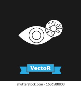 Weißes rotes Auge aufgrund einer virusbedingten, bakteriellen oder allergischen Konjunktivitis Symbol einzeln auf schwarzem Hintergrund. Vektorgrafik