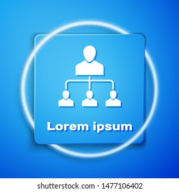 White Referral marketing icon isolated on blue background. Network marketing, business partnership, referral program strategy. Blue square button. Vector Illustration