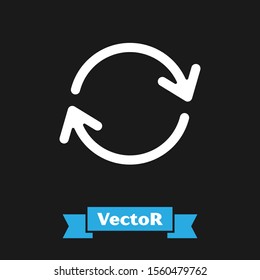 White Refresh icon isolated on black background. Reload symbol. Rotation arrows in a circle sign.  Vector Illustration