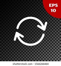 White Refresh icon isolated on transparent dark background. Reload symbol. Rotation arrows in a circle sign.  Vector Illustration