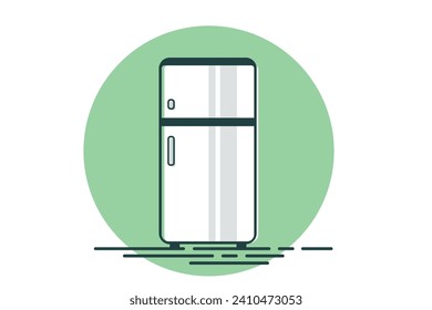 White Refrigerator depicted on white background and green circle. Vector illustration of refrigerator