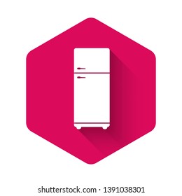 White Refrigerator icon isolated with long shadow. Fridge freezer refrigerator. Household tech and appliances. Pink hexagon button. Vector Illustration