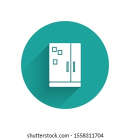 White Refrigerator icon isolated with long shadow. Fridge freezer refrigerator. Household tech and appliances. Green circle button. Vector Illustration