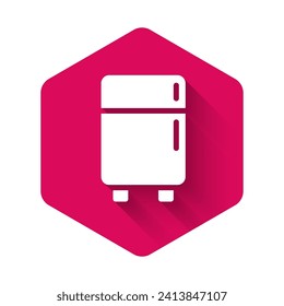 White Refrigerator icon isolated with long shadow. Fridge freezer refrigerator. Household tech and appliances. Pink hexagon button. Vector
