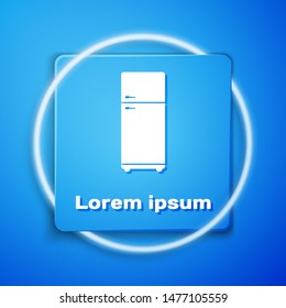 White Refrigerator icon isolated on blue background. Fridge freezer refrigerator. Household tech and appliances. Blue square button. Vector Illustration