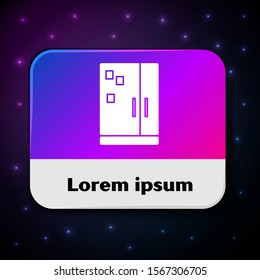 White Refrigerator icon isolated on black background. Fridge freezer refrigerator. Household tech and appliances. Rectangle color button. Vector Illustration