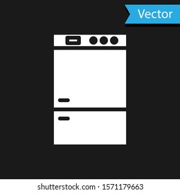 White Refrigerator icon isolated on black background. Fridge freezer refrigerator. Household tech and appliances.  Vector Illustration