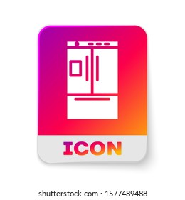 White Refrigerator icon isolated on white background. Fridge freezer refrigerator. Household tech and appliances. Rectangle color button. Vector Illustration