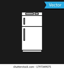 White Refrigerator icon isolated on black background. Fridge freezer refrigerator. Household tech and appliances. Vector Illustration