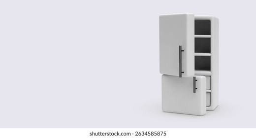 White Refrigerator With Open Doors And Empty Shelves On Light Background, Minimalist 3D Style Representing Kitchen Appliance, Food Storage, And Modern Household Concept. Vector Illustration.
