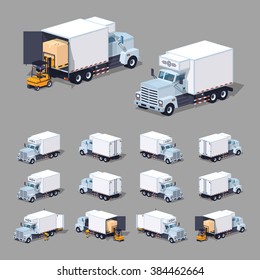 White refrigerator truck. 3D lowpoly isometric vector illustration. The set of objects isolated against the grey background and shown from different sides