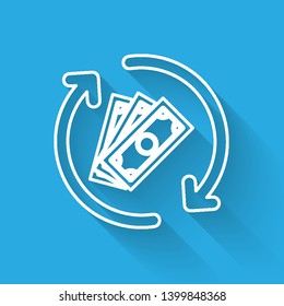 White Refund money line icon isolated with long shadow. Financial services, cash back concept, money refund, return on investment, savings account. Vector Illustration
