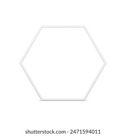 White regular hexagonal frame glossy geometric shape 3d element realistic vector illustration. Polygonal symmetric border mathematical figure art presentation architecture basic foundation boundary