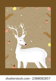 White Reindeer Character with Baubles, Holly Berries, Fir Leaves Decorated in Background and Copy Space.