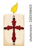 White religious Paschal candle with lighted flame, decorated with cross and grains for Easter Vigil in cartoon style.