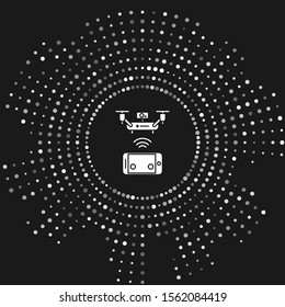 White Remote aerial drone with a camera taking photography or video recording icon isolated on grey background. Abstract circle random dots. Vector Illustration