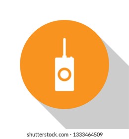 White Remote control icon isolated on white background. Orange circle button. Flat design. Vector Illustration