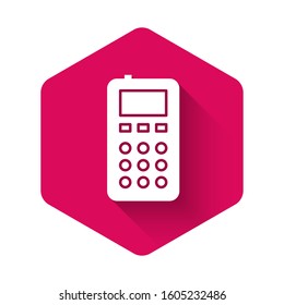 White Remote control icon isolated with long shadow. Pink hexagon button. Vector Illustration